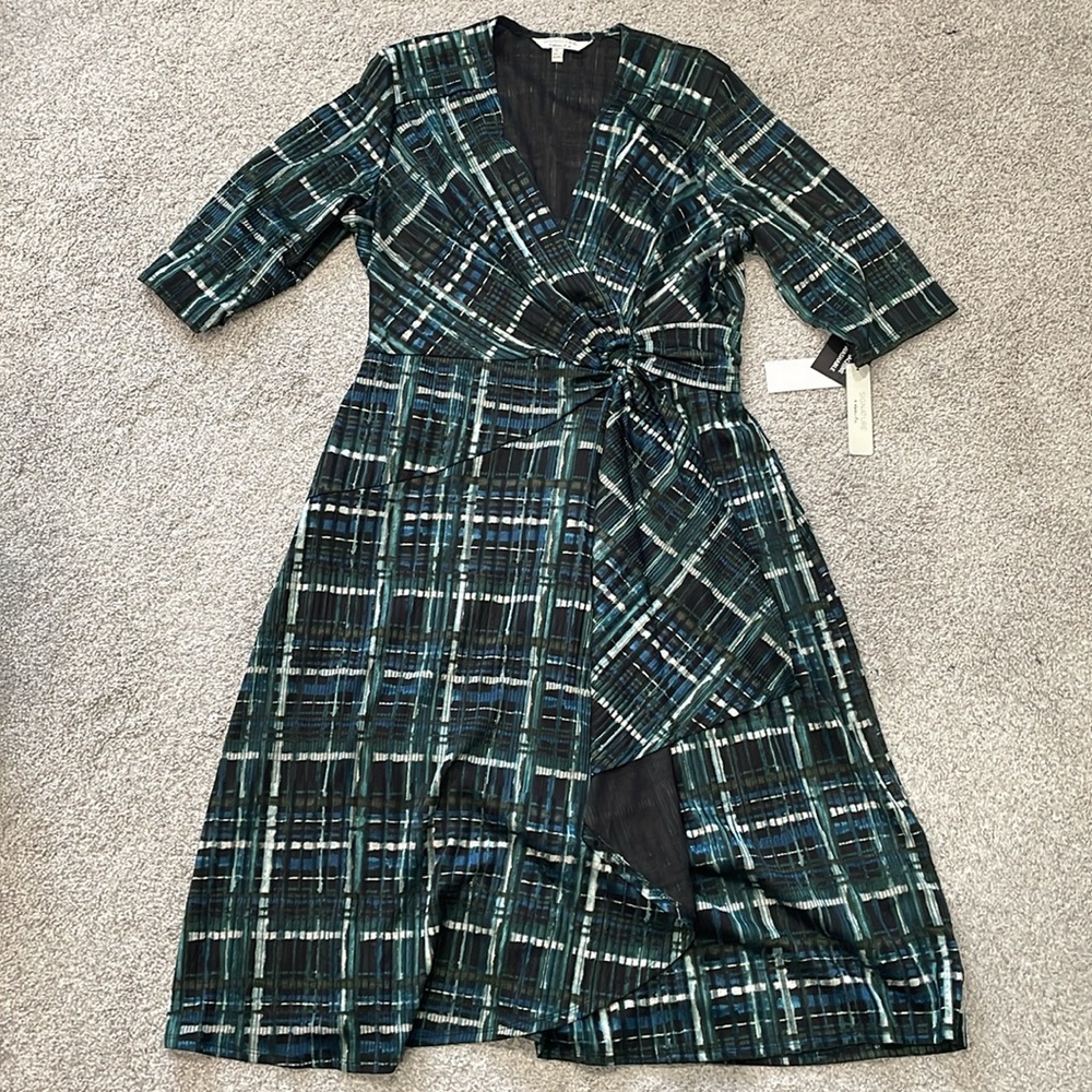 NWT Wrap Dress Blue Green Teal Black Plaid Grid Pattern V Neck Dress - XL Dress